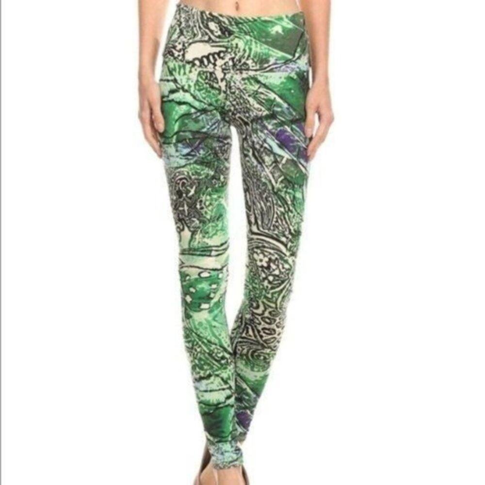 Leggings Green Multi Color Print Size S